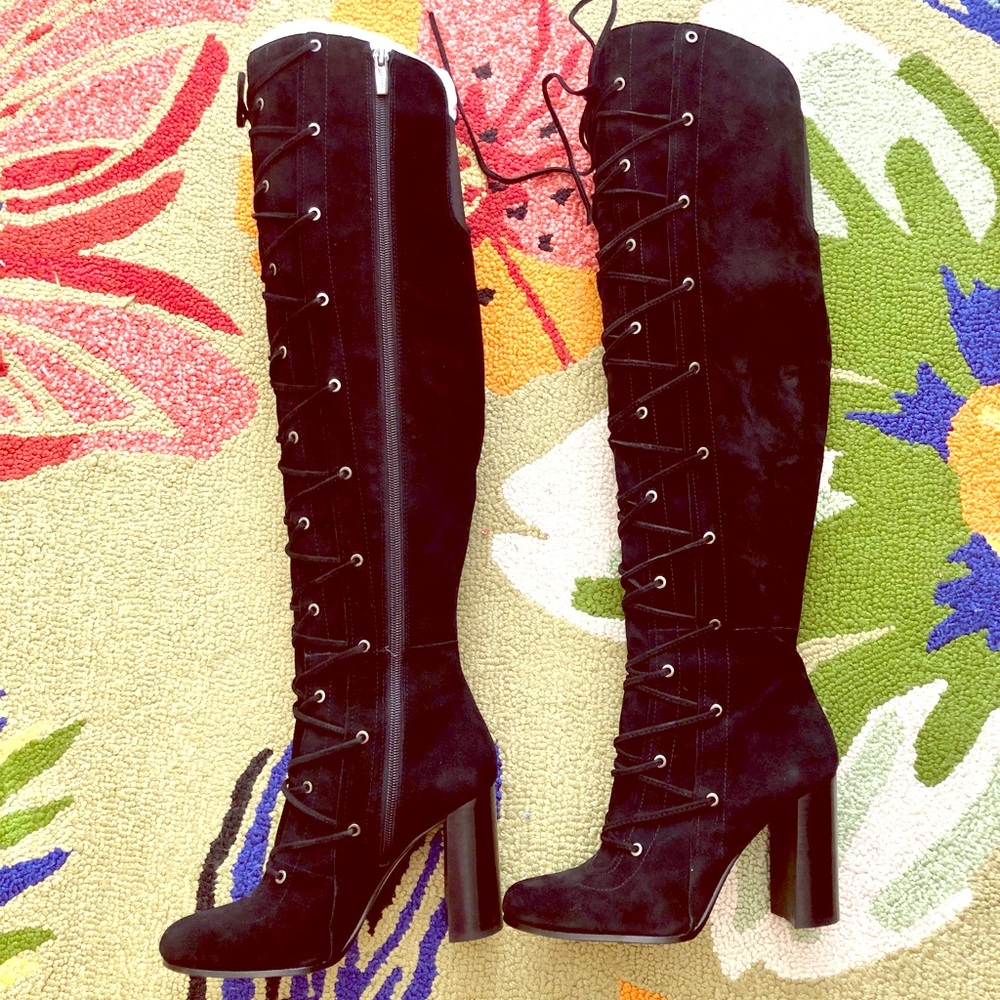 Vince Camuto, lace/zip up “Thanta” boots, black, 8